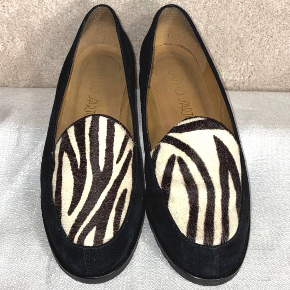 Franco Sarto Womens Zebra Calf Hair Suede Loafers Black White Flats 9.5 N 250